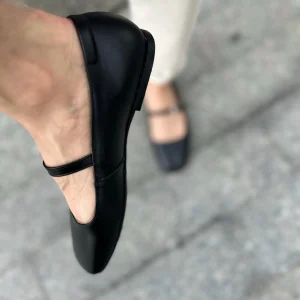 Black Square Toe Mary Jane Leather Flats