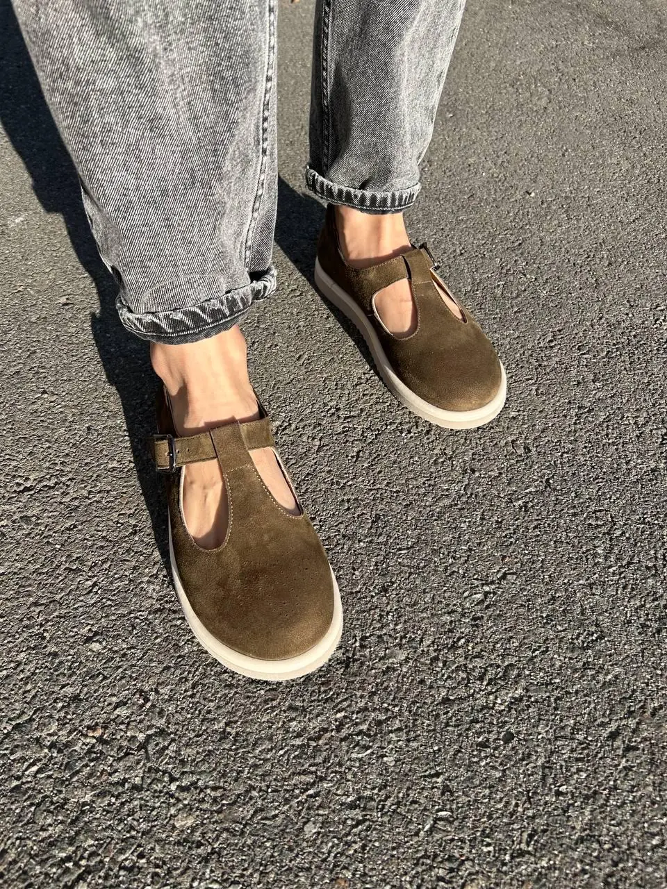 Olive Suede Mary Janes: Wide Toe Box T-strap Flats