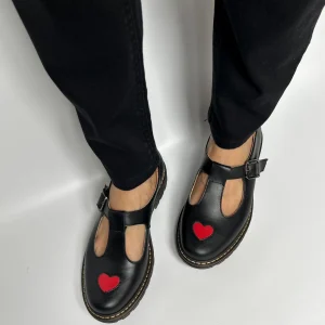Black Heart T-strap Leather Mary Janes