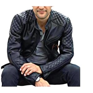 Men's Sheepskin Leather Cafe Racer Jacket Black Motorcycle