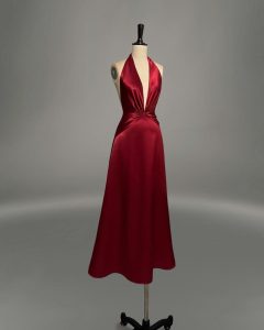 Elegant Deep V Red Satin Halter Dress Backless