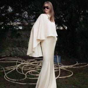 Ivory Muse Cape Gown Modern Minimalist Satin Evening